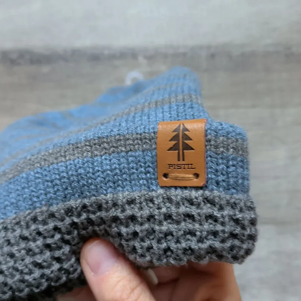 Pistil Leslie Slouchy Beanie Hat Blue Grey Striped Knit Cuffed NWT